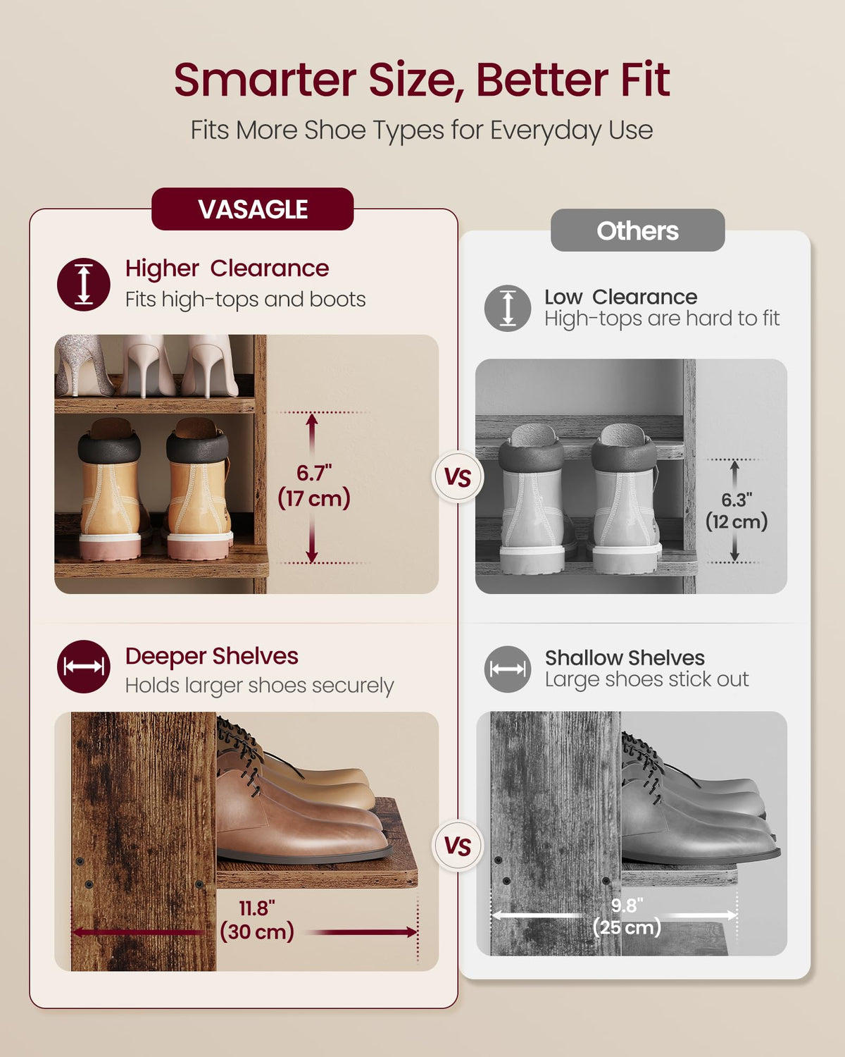 VASAGLE 7-Tier Vertical Shoe Rack, Narrow Shoe Storage Organizer with Hooks