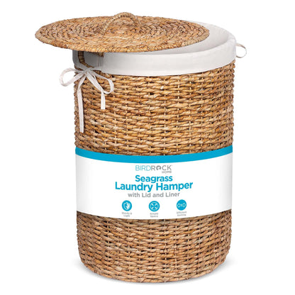 BIRDROCK HOME Seagrass Laundry Hamper with Lid & Liner - Handwoven Round Basket with Handles for