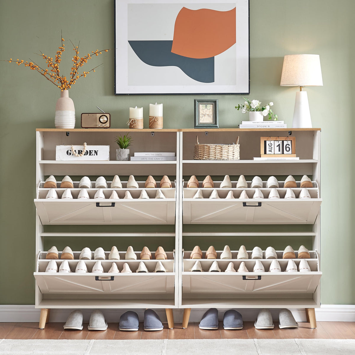 Alaxgumrol Shoe Storage Cabinet for Entryway with 2 Flip Drawers, Farmhouse Narrow Shoe Rack