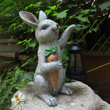Garden Statues Rabbit Solar Lantern Outdoor Handmade Resin Statue Bunny with Cute Carrot for Patio