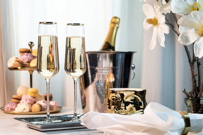 Gold Rim Champagne Gift Glasses | Set of 2 | Crystal Square Toasting Flutes for Bride and Groom