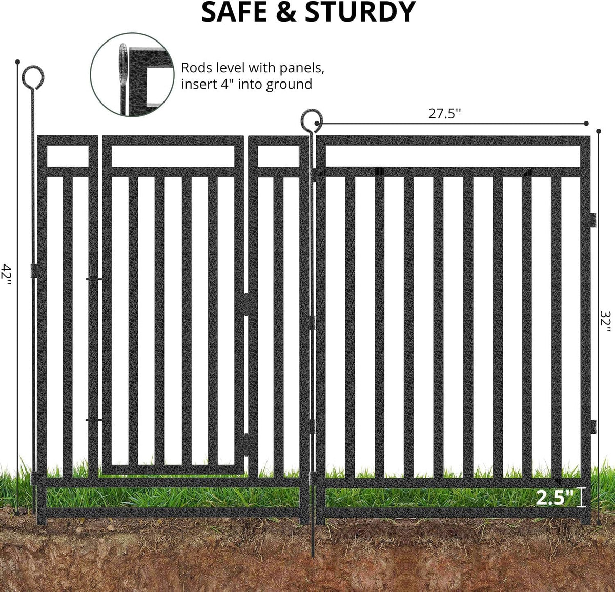 Decorative Garden Fence Metal Dog Fence Outdoor for Yard, 110ft (L) × 32in (H), 42 Panels + 6