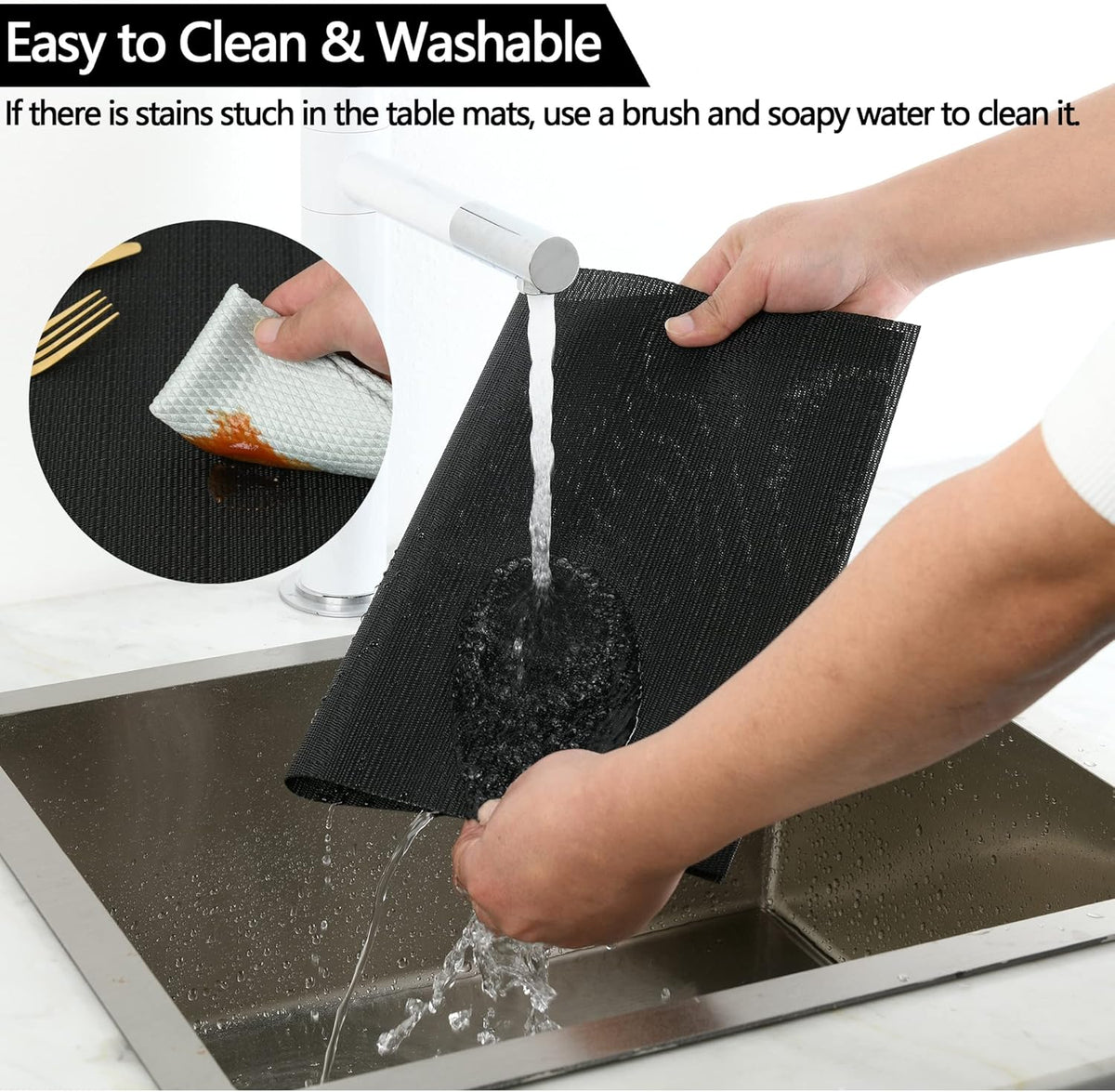 Black Placemats Set of 6 - Easy Clean Washable Vinyl Placemats - Wipeable Heat Proof Table Mats for