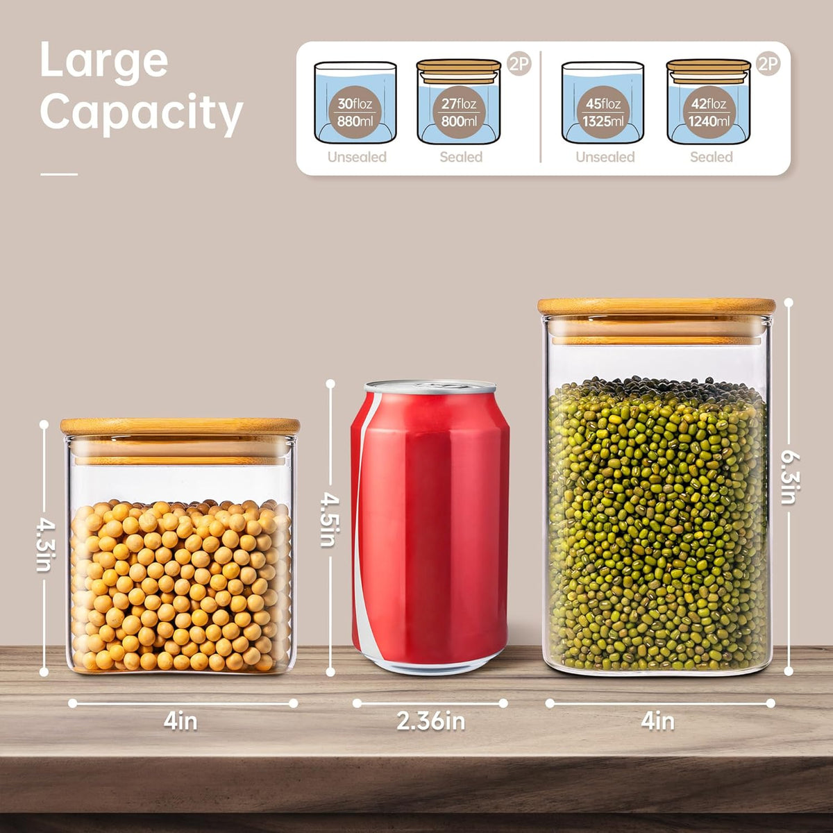 42oz & 27oz - 4 Pack Square Glass Jars with Bamboo Lids, Glass Food Storage Containers with