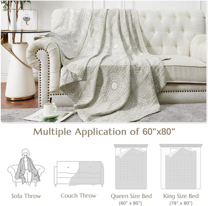 JINCHAN Boho 100% Cotton Muslin Blanket 3-Layer Twin Size Geometric Lightweight Reversible Soft
