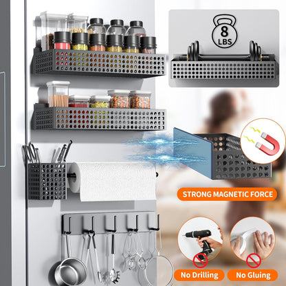 Magnetic Spice Rack for Refrigerator 2 Tiers and Paper Towel Holder and Utensil Holder, Magnetic