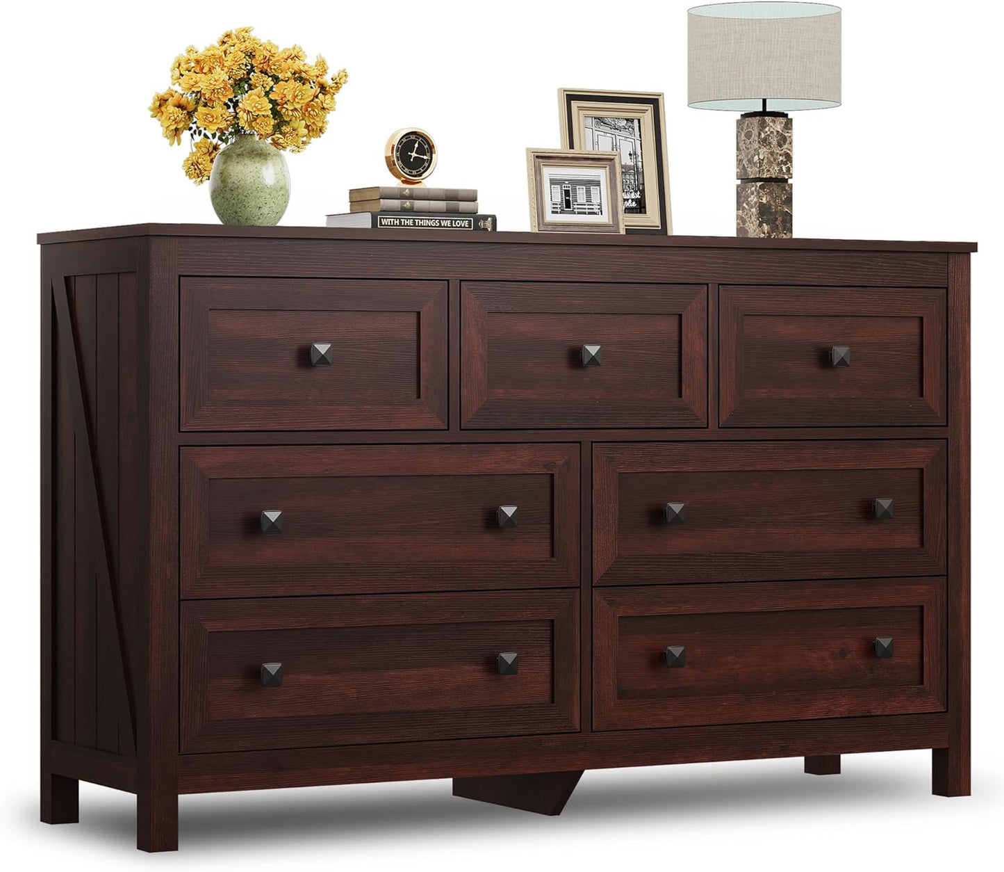WLIVE Farmhouse Dresser for Bedroom, 51.18'' Wide 7 Drawer Wood Dresser, TV Stand for 65 inch TV