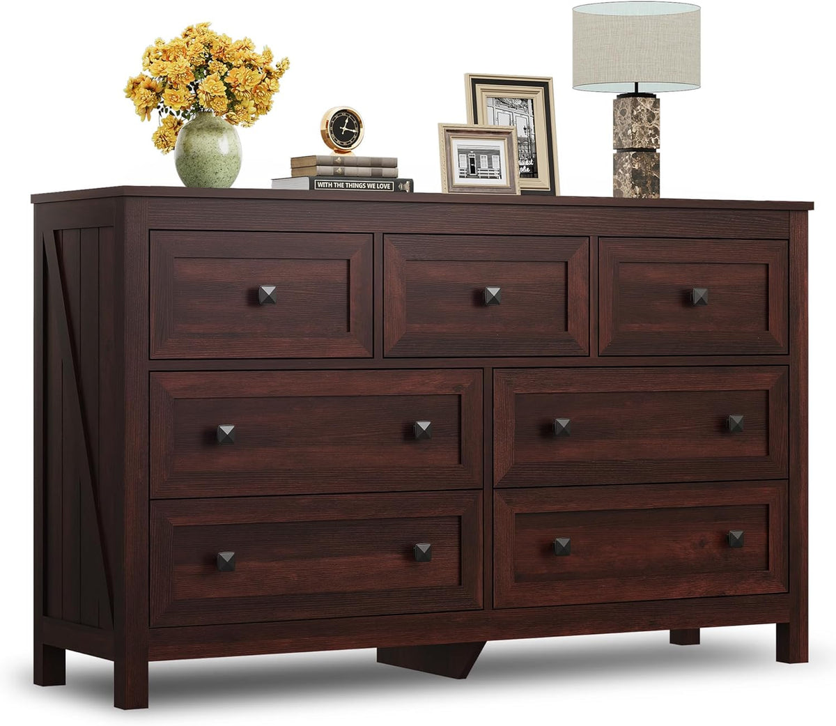 WLIVE Farmhouse Dresser for Bedroom, 51.18'' Wide 7 Drawer Wood Dresser, TV Stand for 65 inch TV