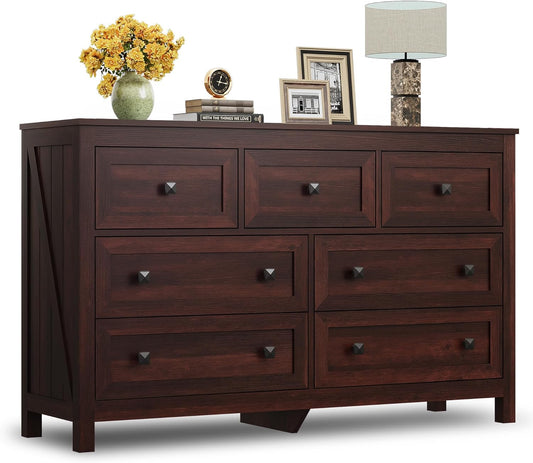 WLIVE Farmhouse Dresser for Bedroom, 51.18'' Wide 7 Drawer Wood Dresser, TV Stand for 65 inch TV