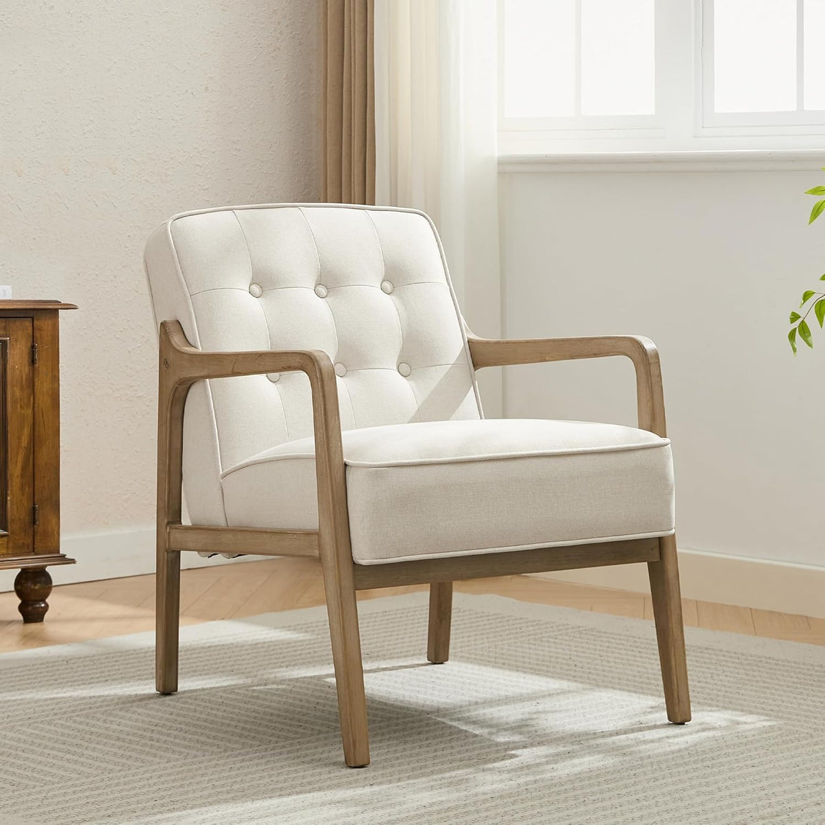 Linen Accent Chair, Mid Century Modern Chair for Living Room, Upholstered Comfy Lounge Armchair