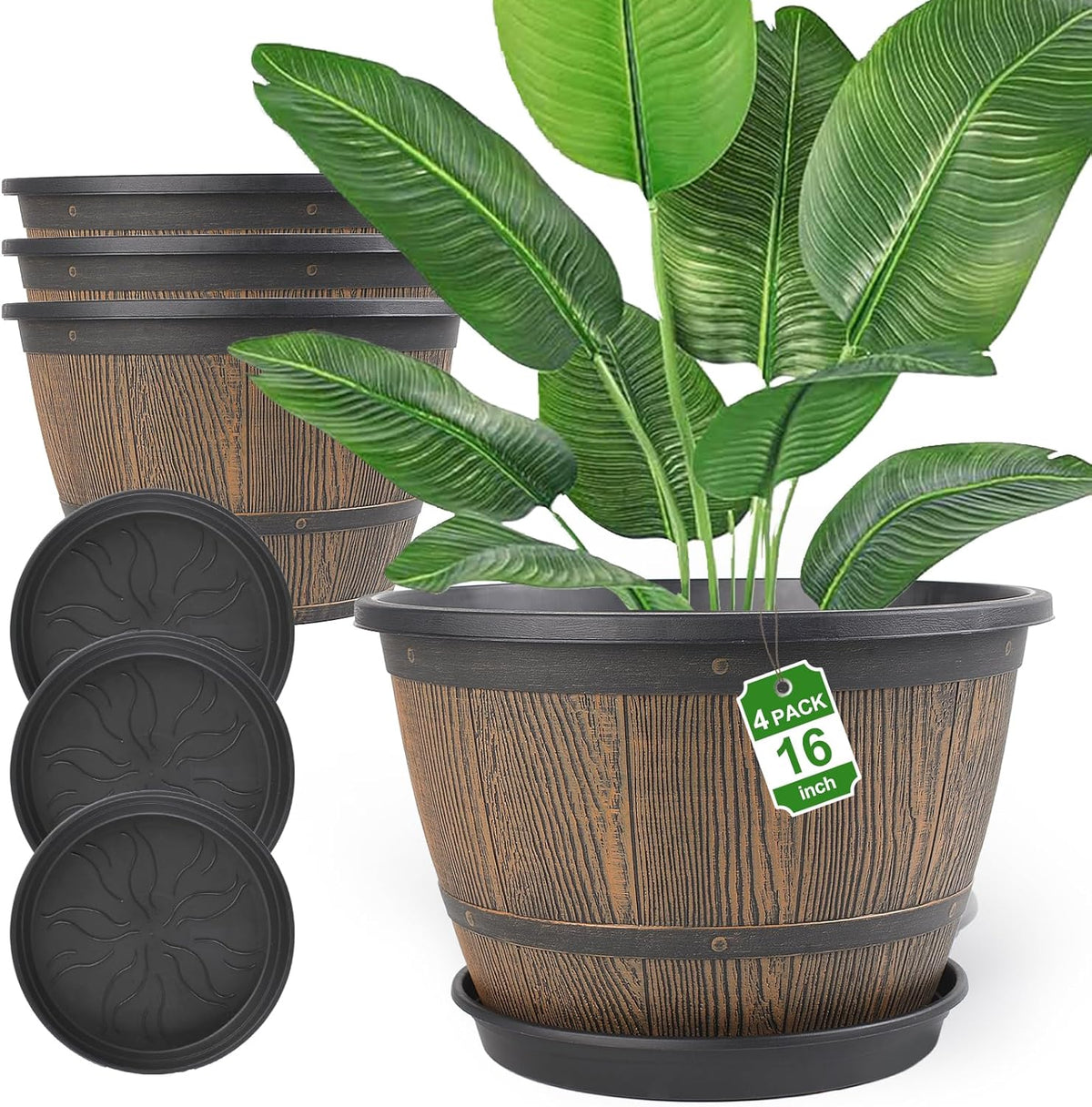 16-inch-Plant-Pots-Indoor-Outdoor, 4 Pack Large Whiskey Barrel Planters with Drainage Holes &