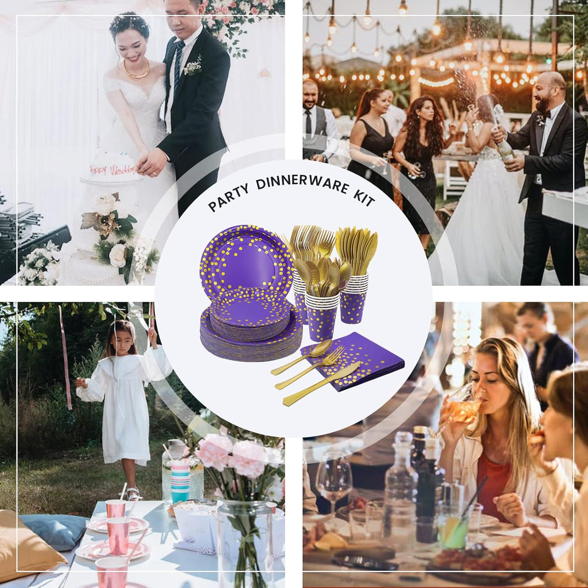 AIRE 175PCS Purple Gold Paper Plates Party Supplies for 25 Guests Party Decorations Disposable