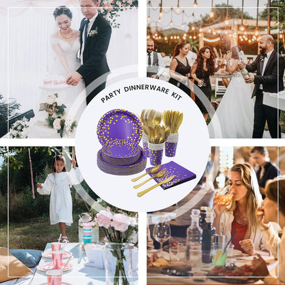 AIRE 350PCS Purple Gold Paper Plates Party Supplies for 50 Guests Party Decorations Disposable
