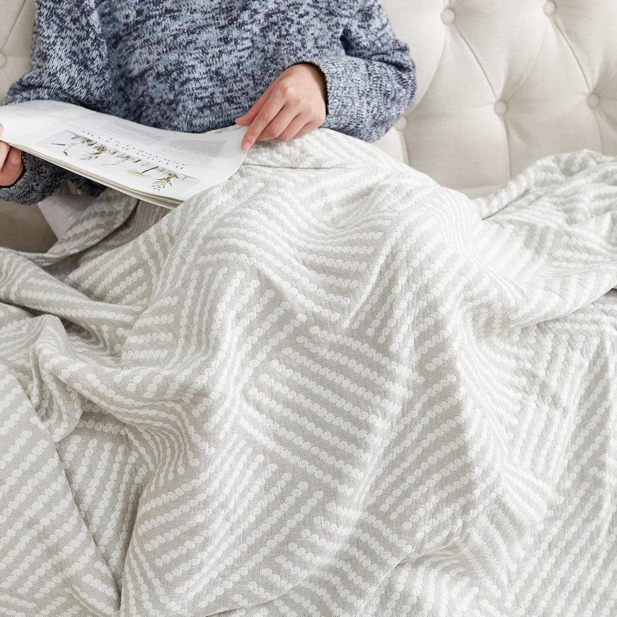 jinchan Boho 100% Cotton Blanket Muslin 50x60 Inches Lightweight 3-Layer Geometric Square Striped