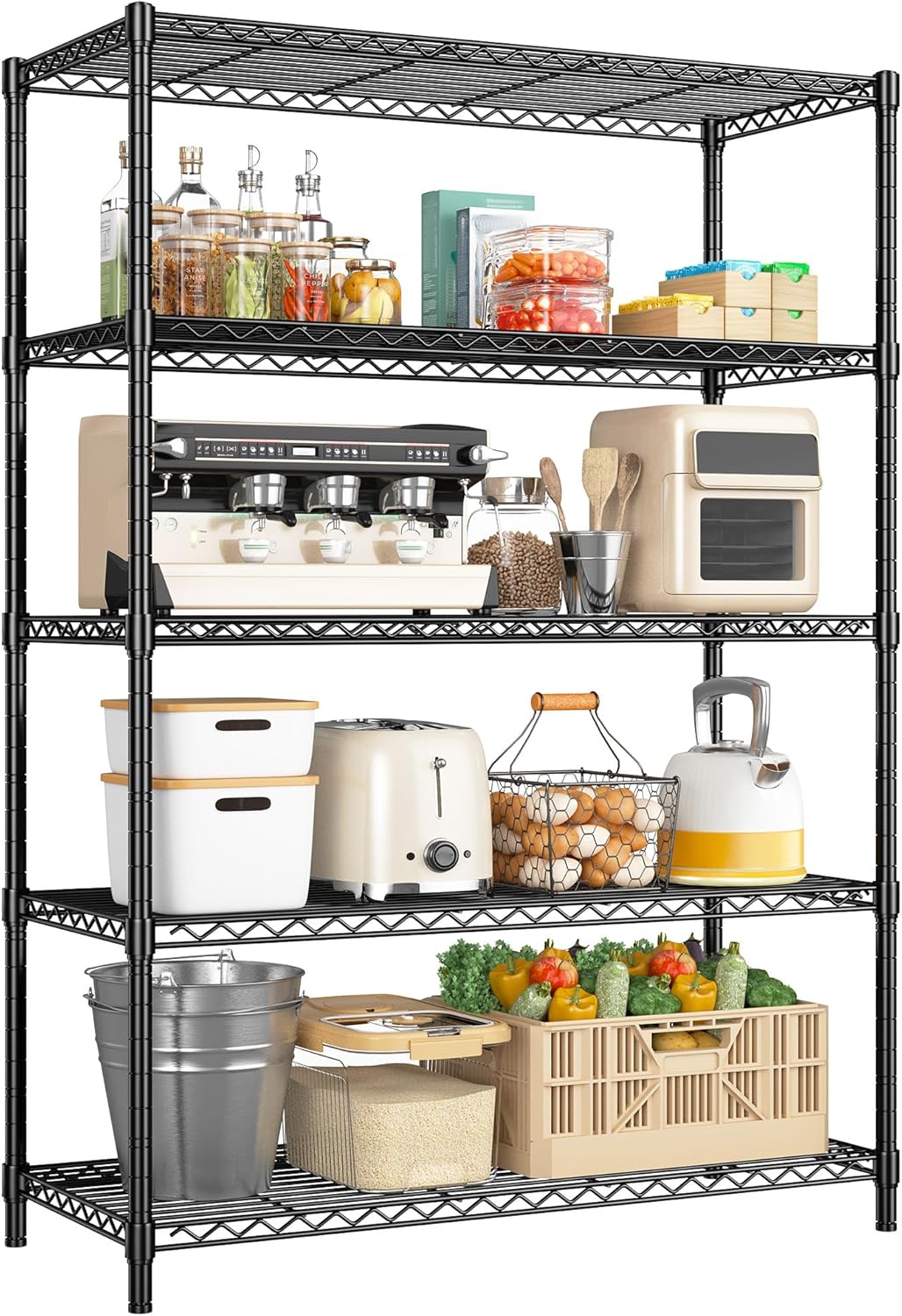 5 Tier Storage Shelves 71"H Wire Shelving Adjustable Metal Shelving,1000LBS Pantry Shelves Sturdy