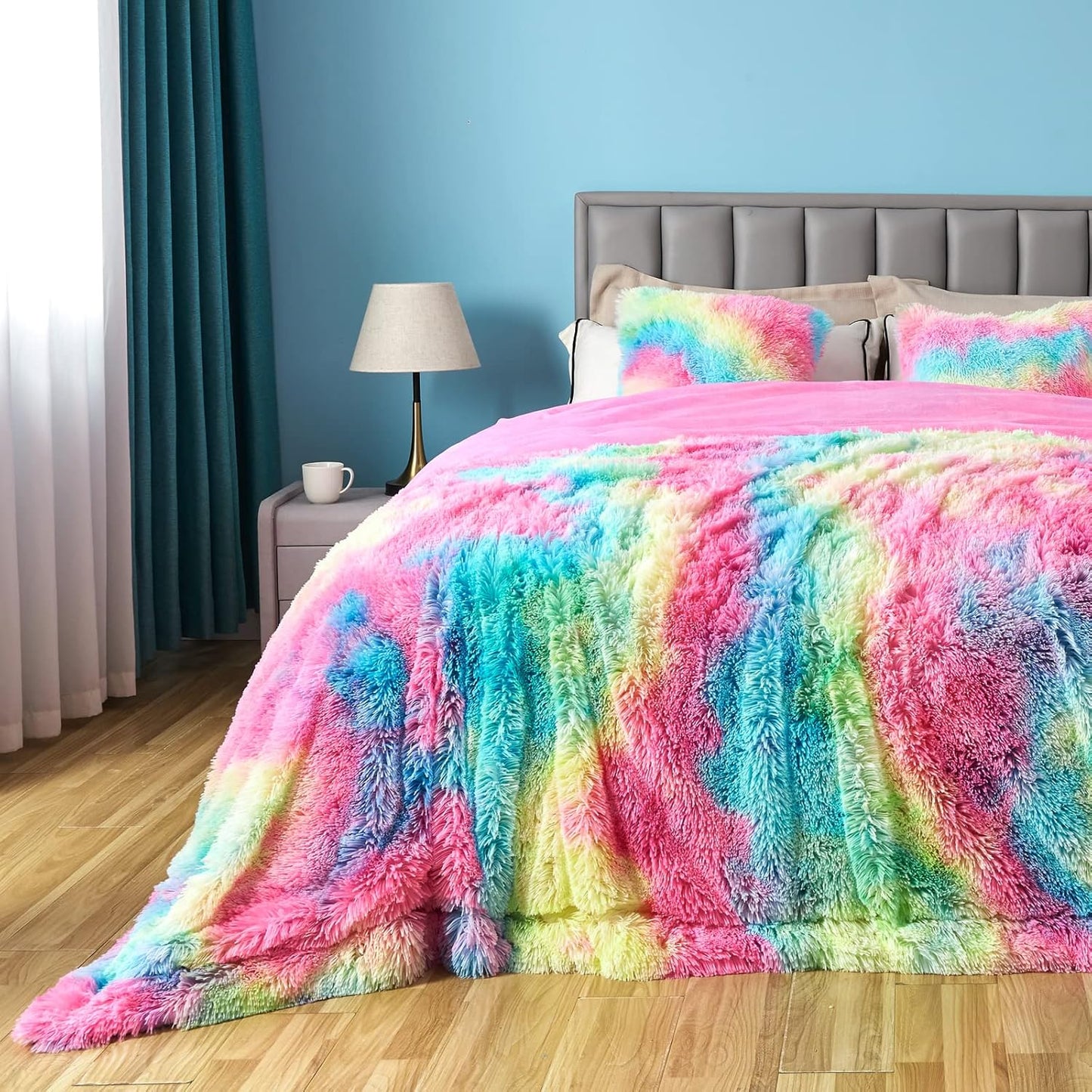 GONAAP Fuzzy Faux Fur Throw Blanket Queen Size Dark Rainbow Super Soft Cozy Plush Fuzzy Shaggy