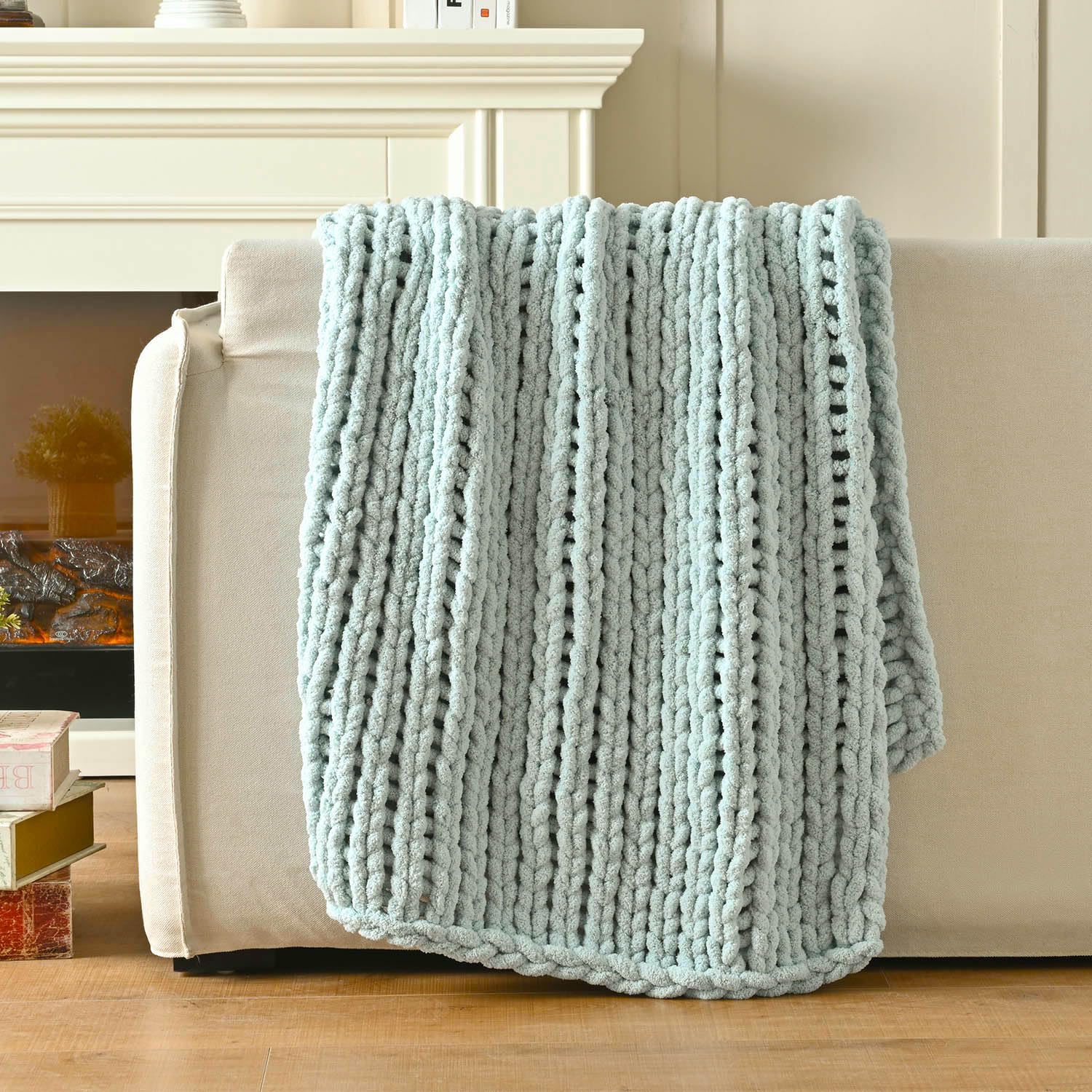 Esterra Chunky Knit Blanket Throw 50"x60", 100% Hand Knitted Chenille Throw Blanket, Cozy Soft