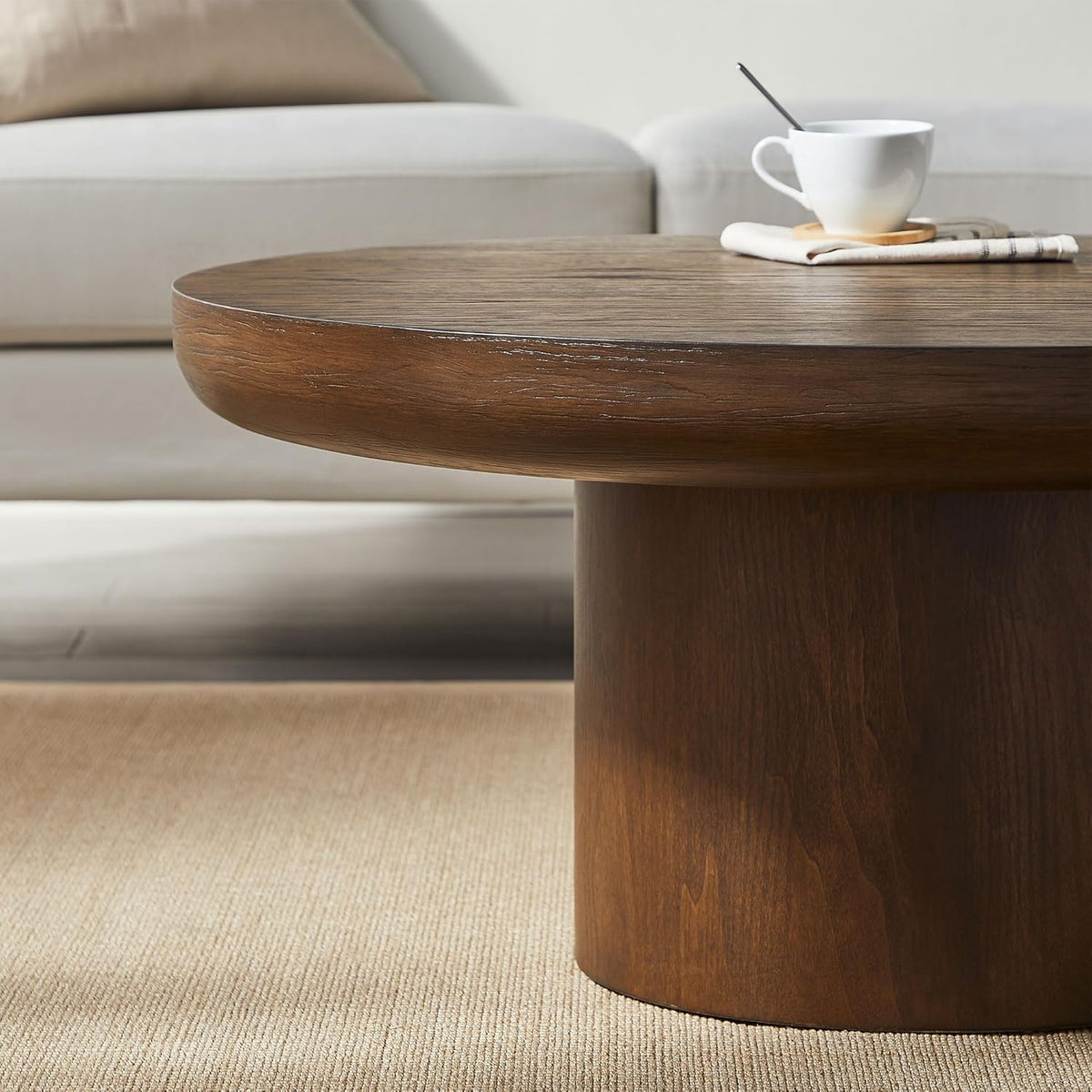 WILLIAMSPACE 35.98" Round Coffee Table with Cylindrical Base, Modern Wood Drum Center Table, Accent