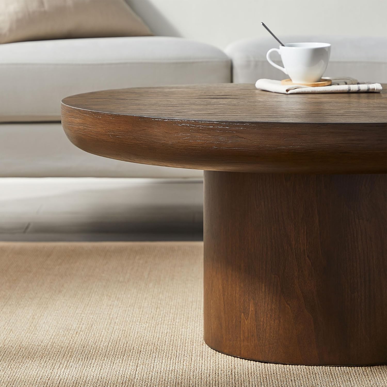 WILLIAMSPACE 35.98" Round Coffee Table with Cylindrical Base, Modern Wood Drum Center Table, Accent