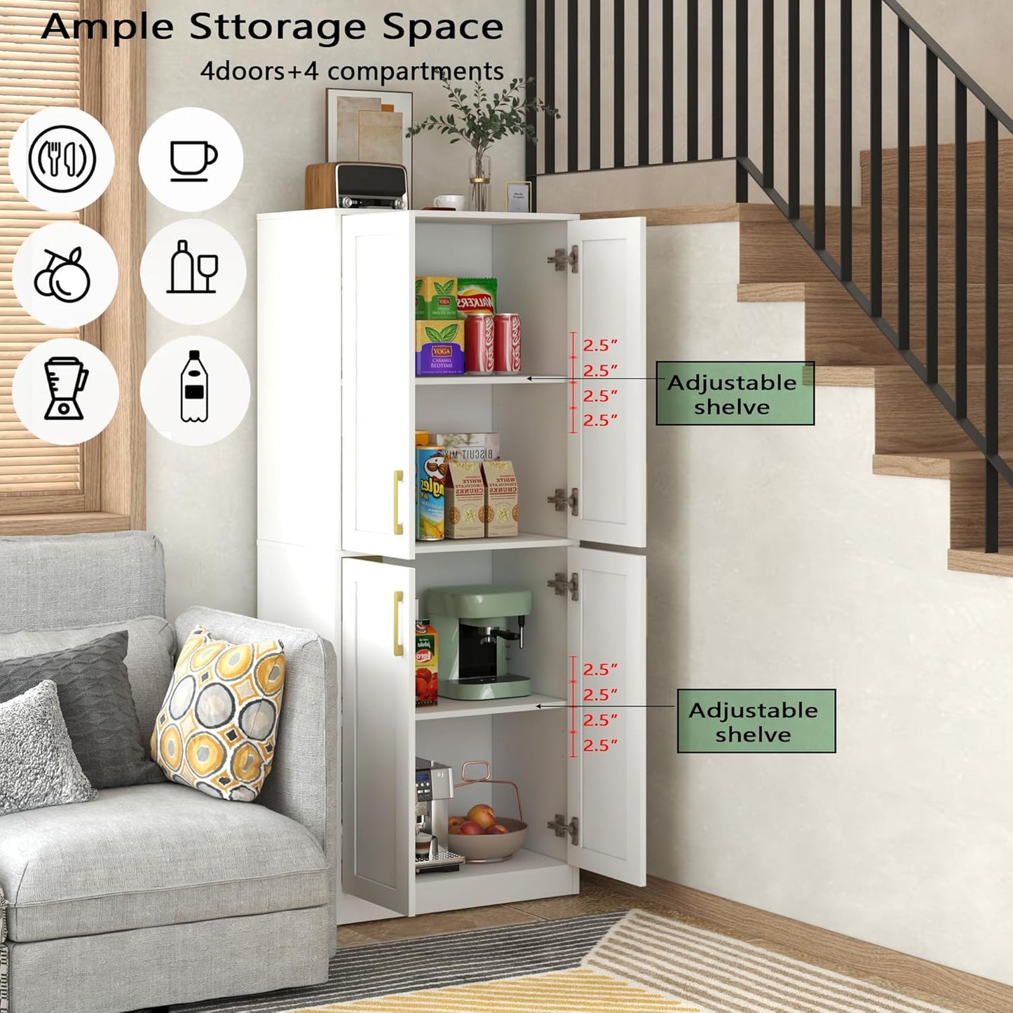 Storage Cabinet, Kitchen Pantry with Doors & Shelf, Tall Storage Cabinet for Bathroom, Living Room