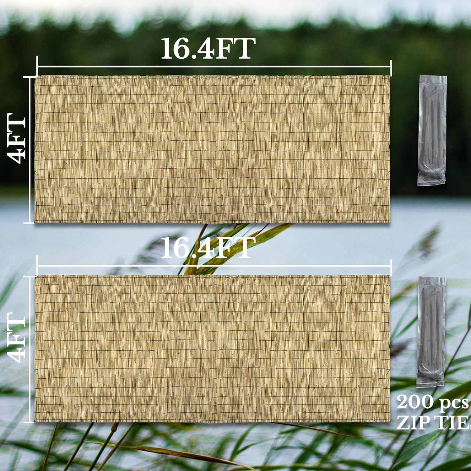 Natural 2 Pack 4FT X 16.4FT Reed Fencing Roll, Balcony Privacy Shade Reed Bamboo Fencing Garden