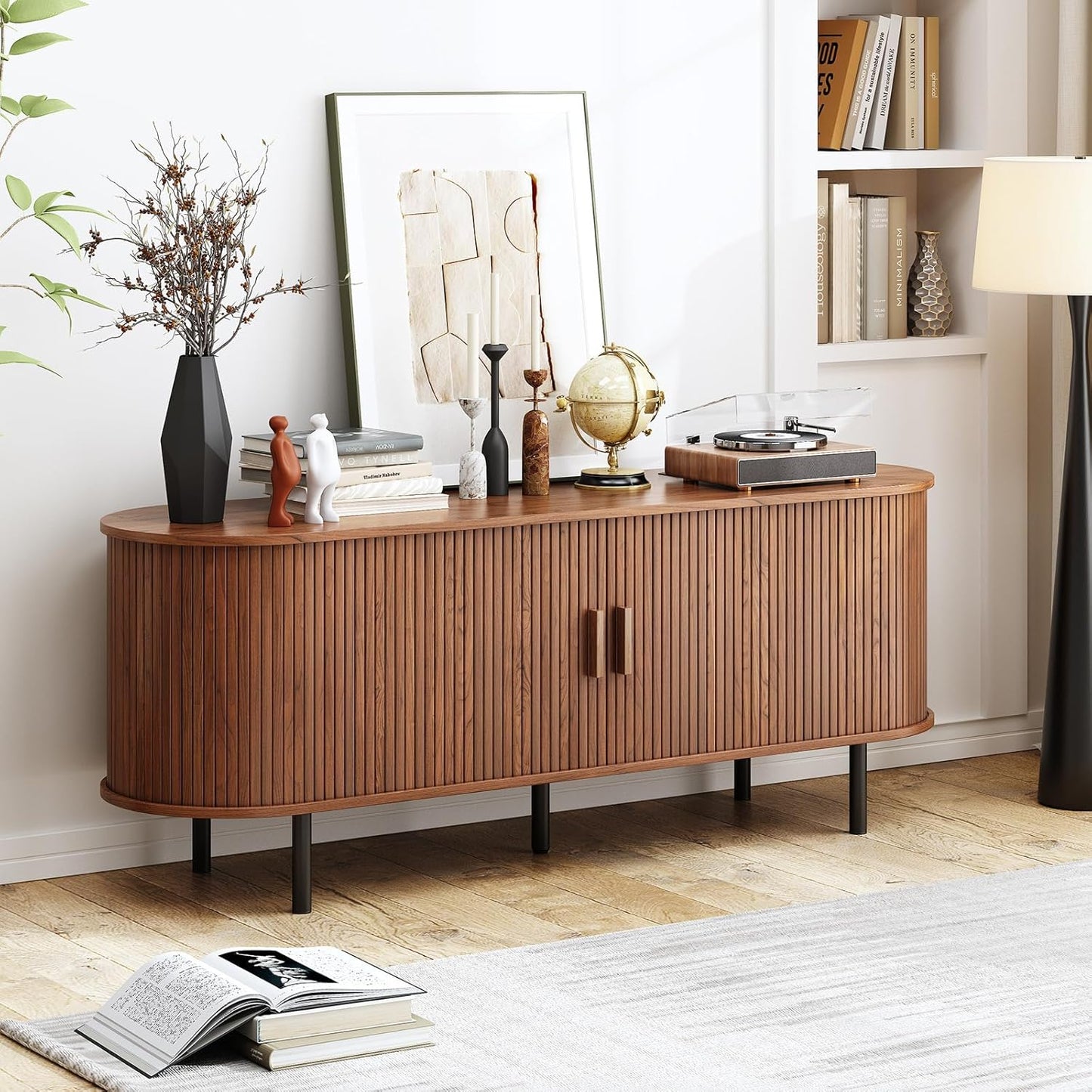 TV Stand with Power Outlet, Mid-Century Modern Television Stand, Media Console with Sliding Doors