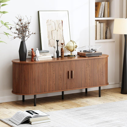 TV Stand with Power Outlet, Mid-Century Modern Television Stand, Media Console with Sliding Doors
