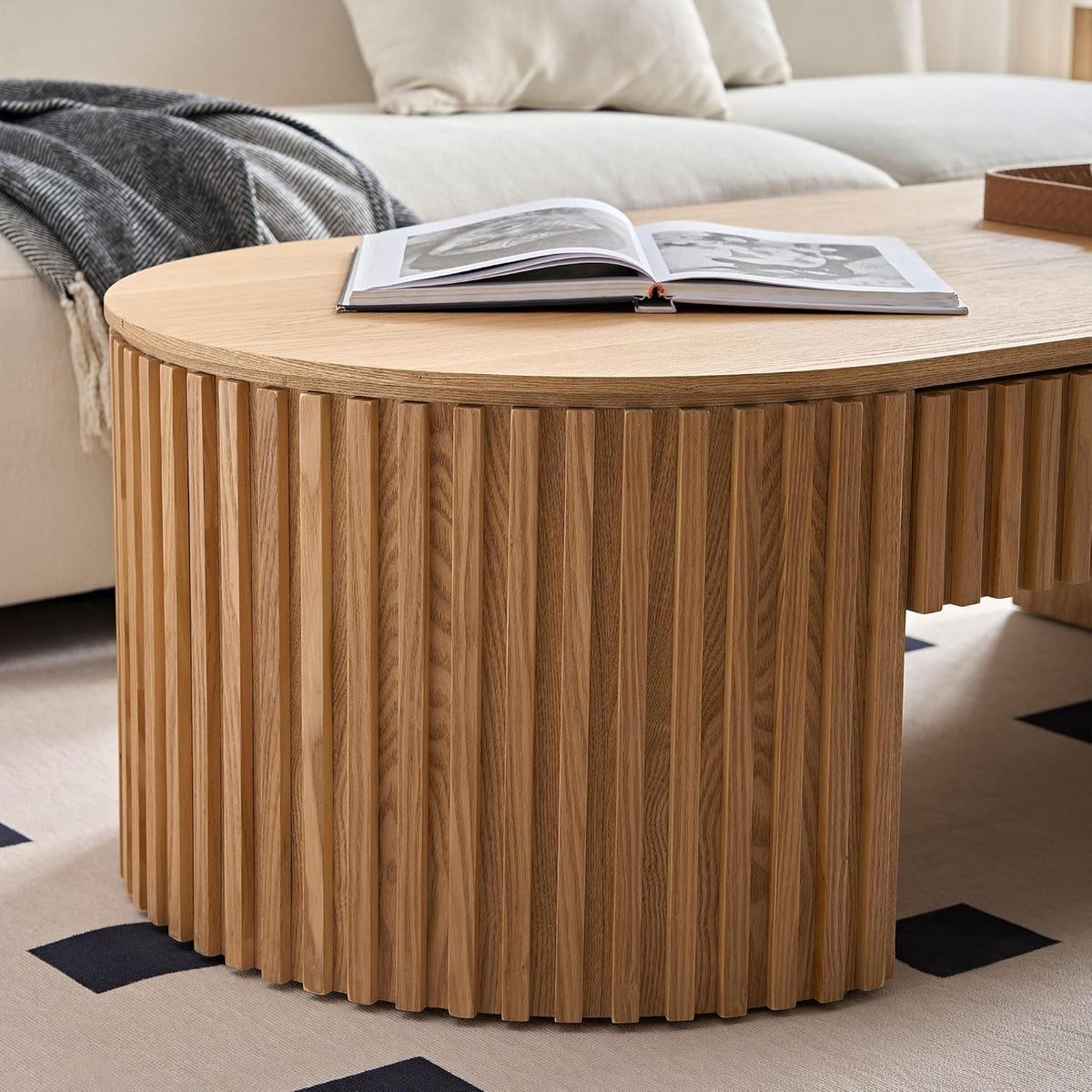 51.18'' Oval Coffee Table for Living Room Fluted Center Table with Drawer, Mid Century Modern