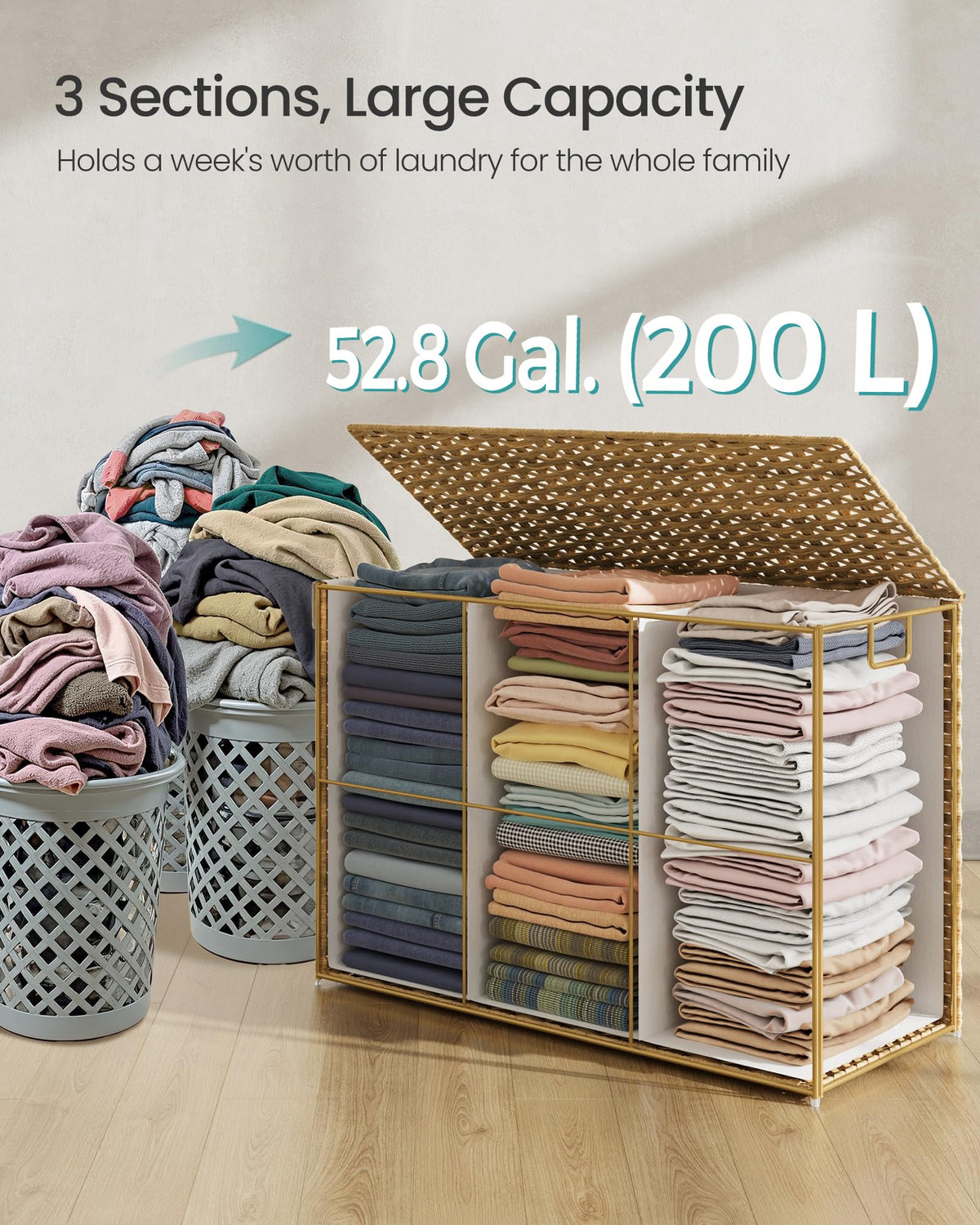 SONGMICS Laundry Hamper with Lid, 52.8 Gal (200 L) Synthetic Rattan,Foldable