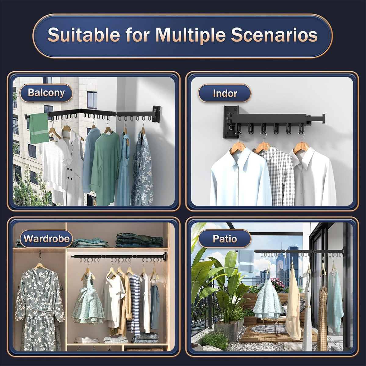Space Saver Clothes Drying Rack, Wall Mounted, Retractable, Collapsible(Tri-Fold), for Balcony