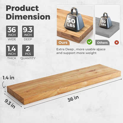 RICHFOCUS Elm Floating Shelves for Wall - 36" W x 9.3" D Rustic Solid Wood Shelves with Invisible