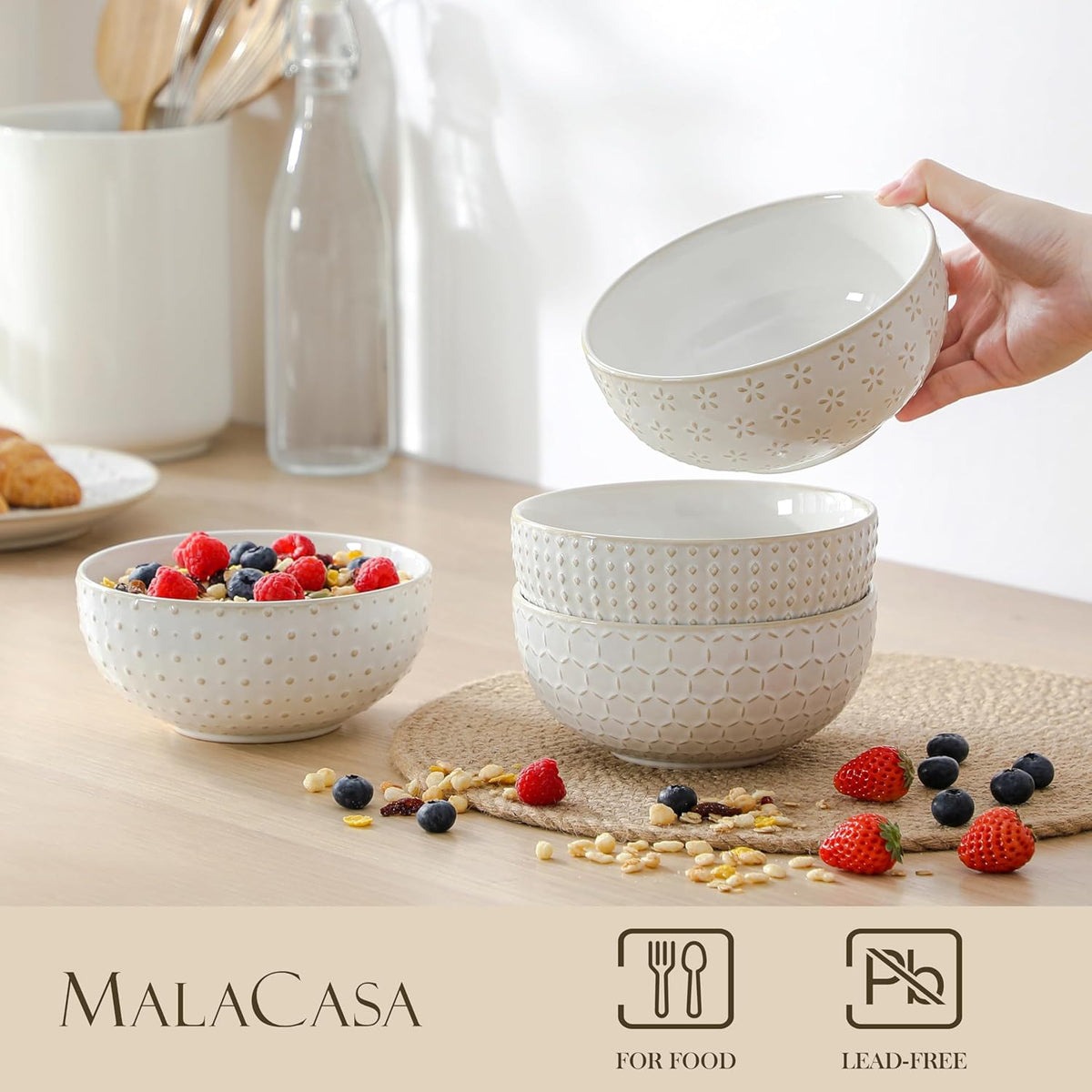 MALACASA Cereal Bowls, 30 Ounce Ceramic Soup Bowl for Kitchen, Stoneware Bowls Set of 4 with