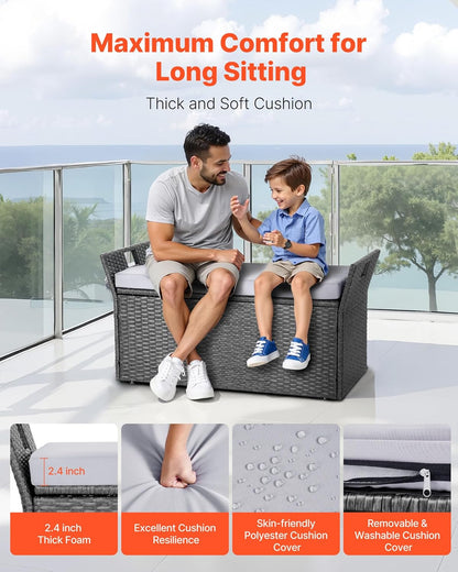 VEVOR Outdoor Storage Bench, 2-Person PE Rattan Storage Bench, 40 Gal Deck Box with Cushion & Side
