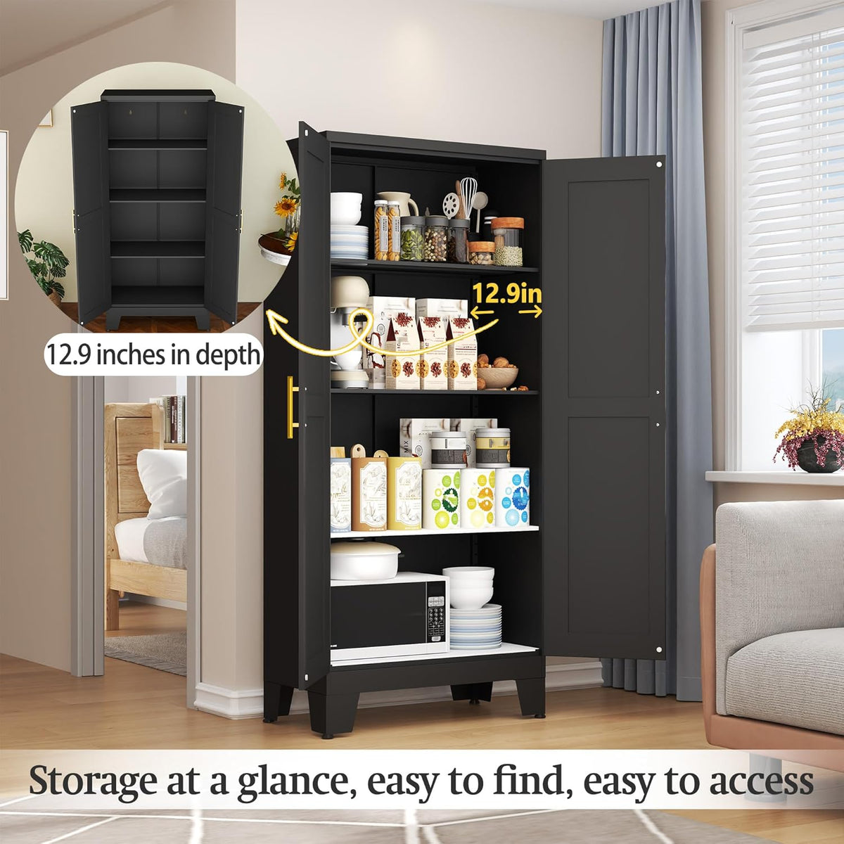 Black Metal Storage Cabinet, 61" Steel Cabinets for Home Office, Kitchen Pantry Storage Cabinet