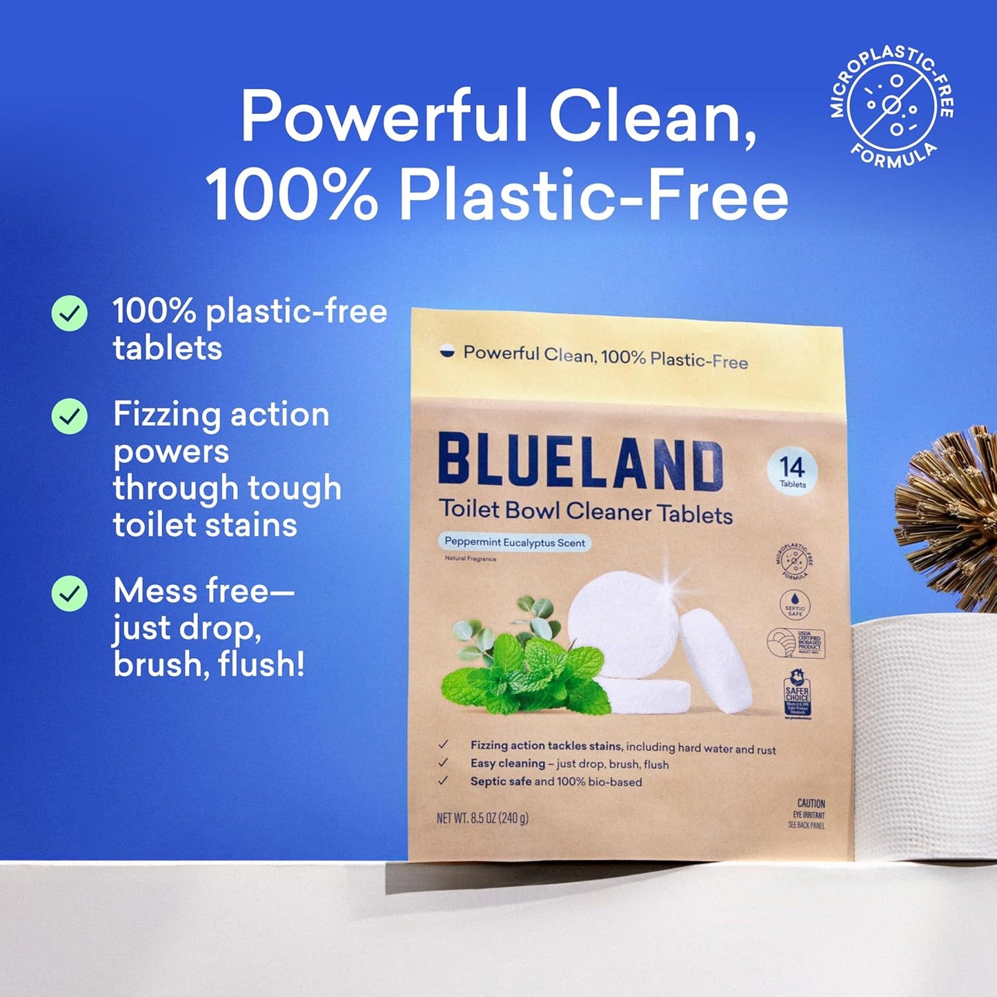 BLUELAND Toilet Bowl Cleaner Tablets, 2-Pack, 28 Count, Peppermint Eucalyptus, Plastic-Free, No