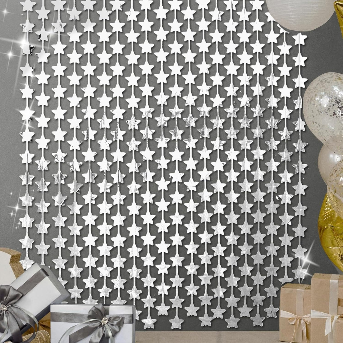 LOLStar 2 Pack Glitter Silver Stars Birthday Decorations 3.3X6.6 ft Each Silver Star Backdrop Foil