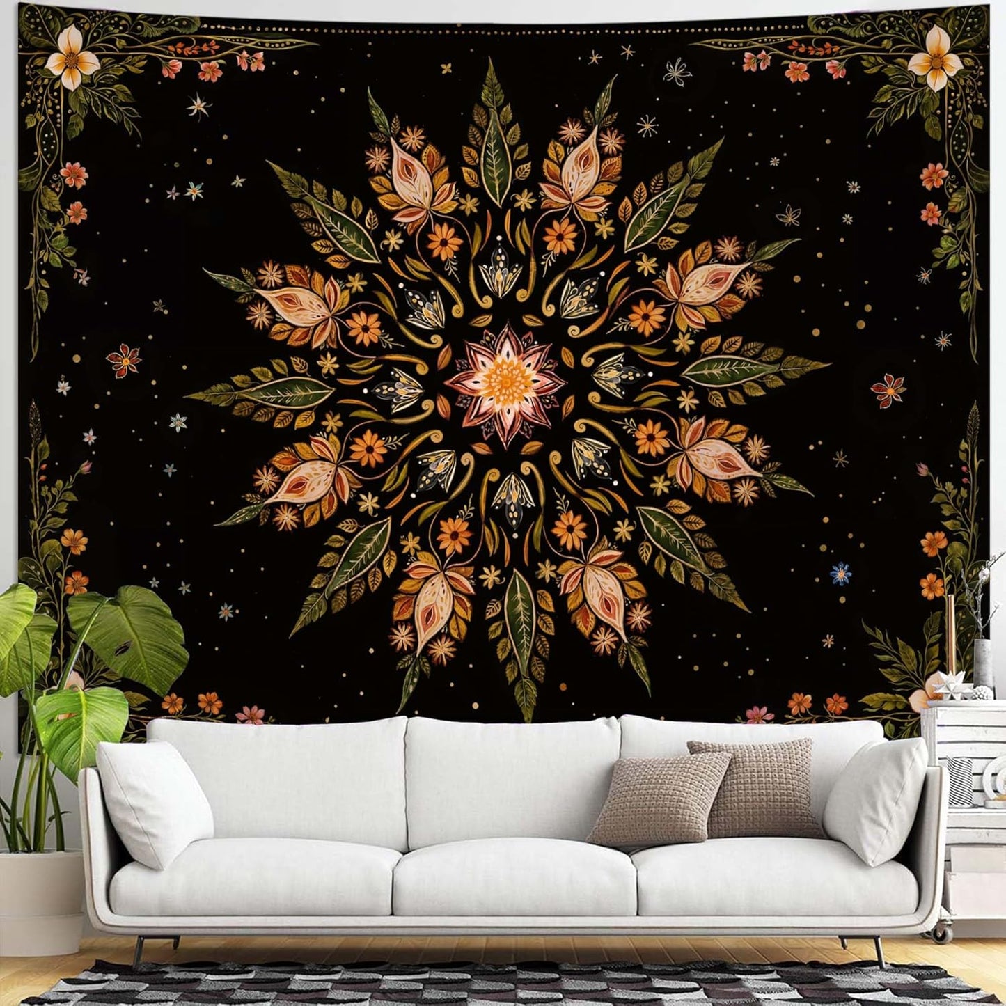 Fowocu Boho Floral Mandala Tapestry for Bedroom Aesthetic Vintage Bohemian Flower Wall Tapestry