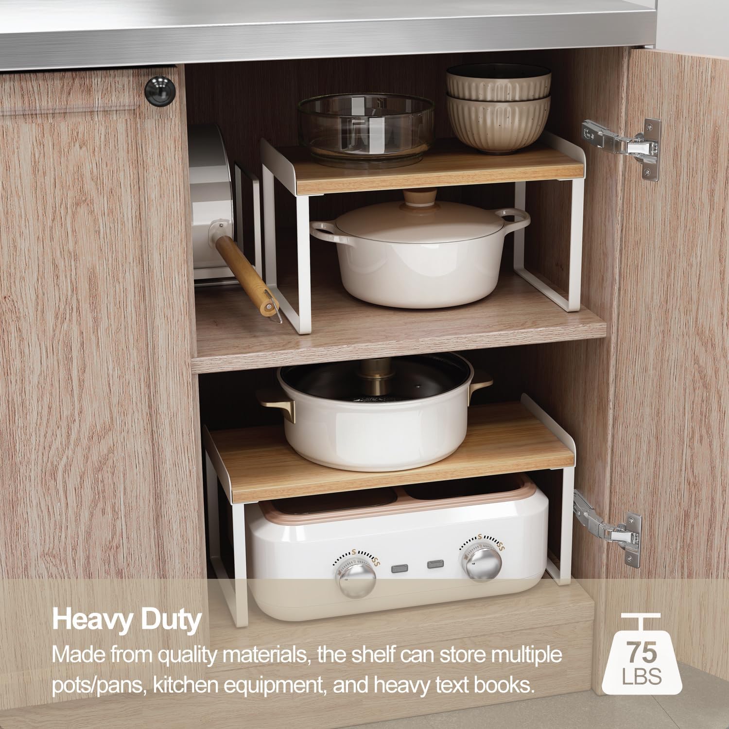 Mitus Shelf Organizer and Storage, Stackable Tiered Wood Cabinet Rack for Countertops, Desktops