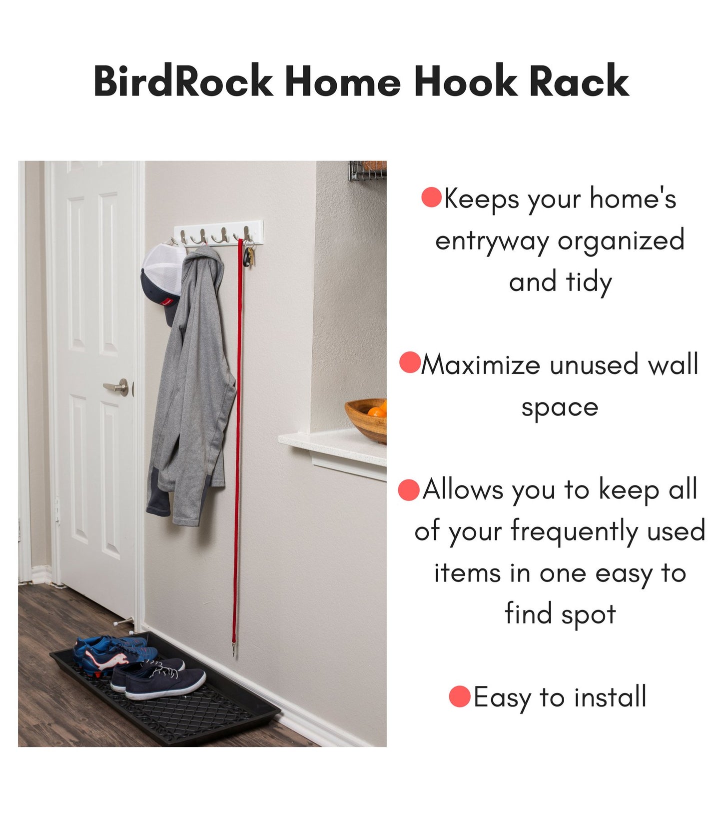 BIRDROCK HOME Dual Hook Coat Rack | 4 Dual Hooks | Wall Mounted Hat Key Rack Rail | Satin Nickel