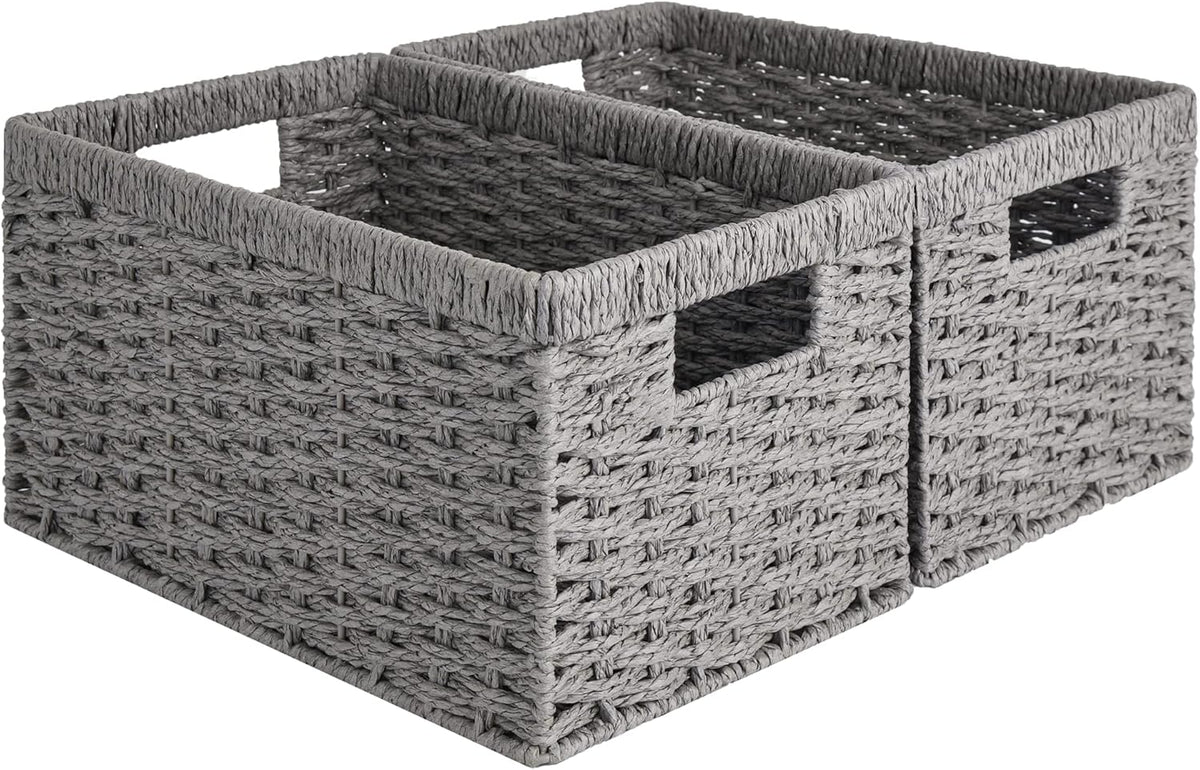 StorageWorks Round Paper Rope Storage Baskets, Rectangular Wicker Baskets with Built-in Handles