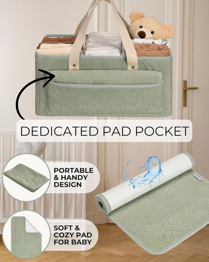 Baby Diaper Caddy Organizer with Portable Changing Mat - Teddy Fleece Diaper Organizer for Changing