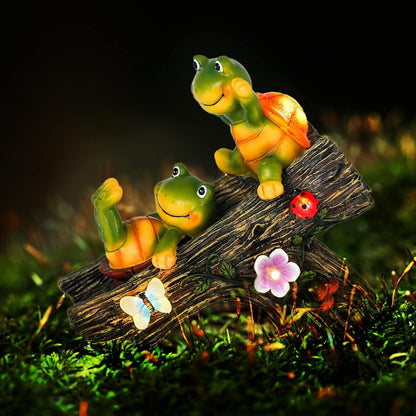 Garden Turtle Figurines Outdoor Decorations, Solar Statue Sweet Frog Face Turtles Decor with 4 LED