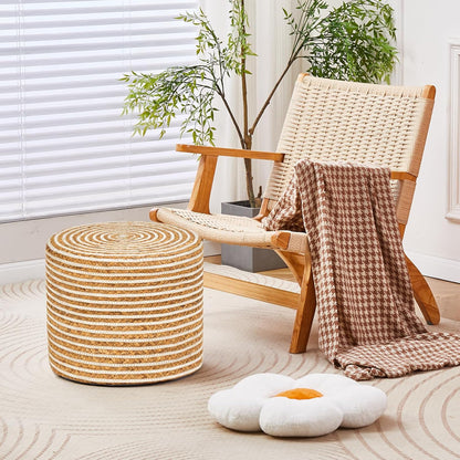 Wimarsbon 18'' Ottoman Pouf, Natural Braided Poof, Rustic Handweave Lounge Pouffe, Boho Footrest