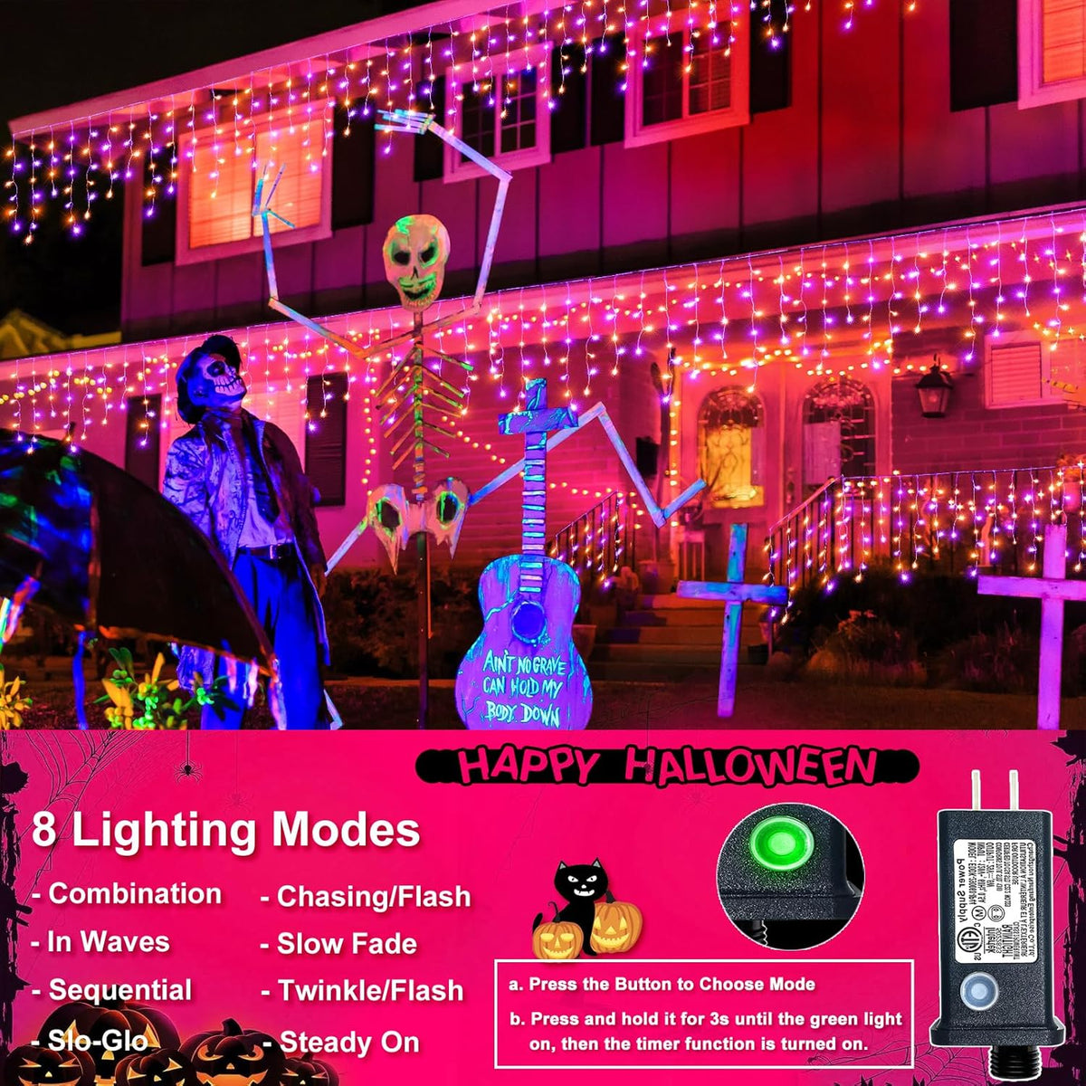Orange and Purple Halloween Lights Outdoor, 33FT 400 LED Icicle Lights for Outside with Waterproof