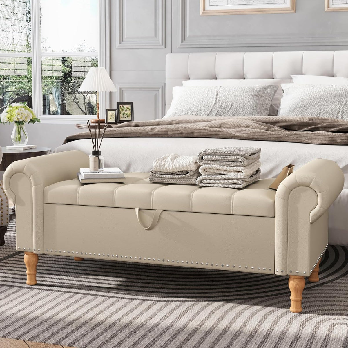 Apicizon 51”Storage Ottoman Bench, Soft Faux Leather Indoor Bench with Rolled Arm and Vintage