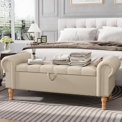 Apicizon 51”Storage Ottoman Bench, Soft Faux Leather Indoor Bench with Rolled Arm and Vintage