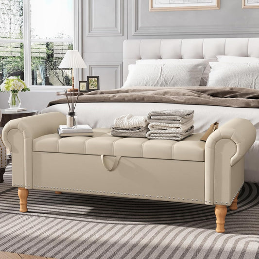 Apicizon 51”Storage Ottoman Bench, Soft Faux Leather Indoor Bench with Rolled Arm and Vintage