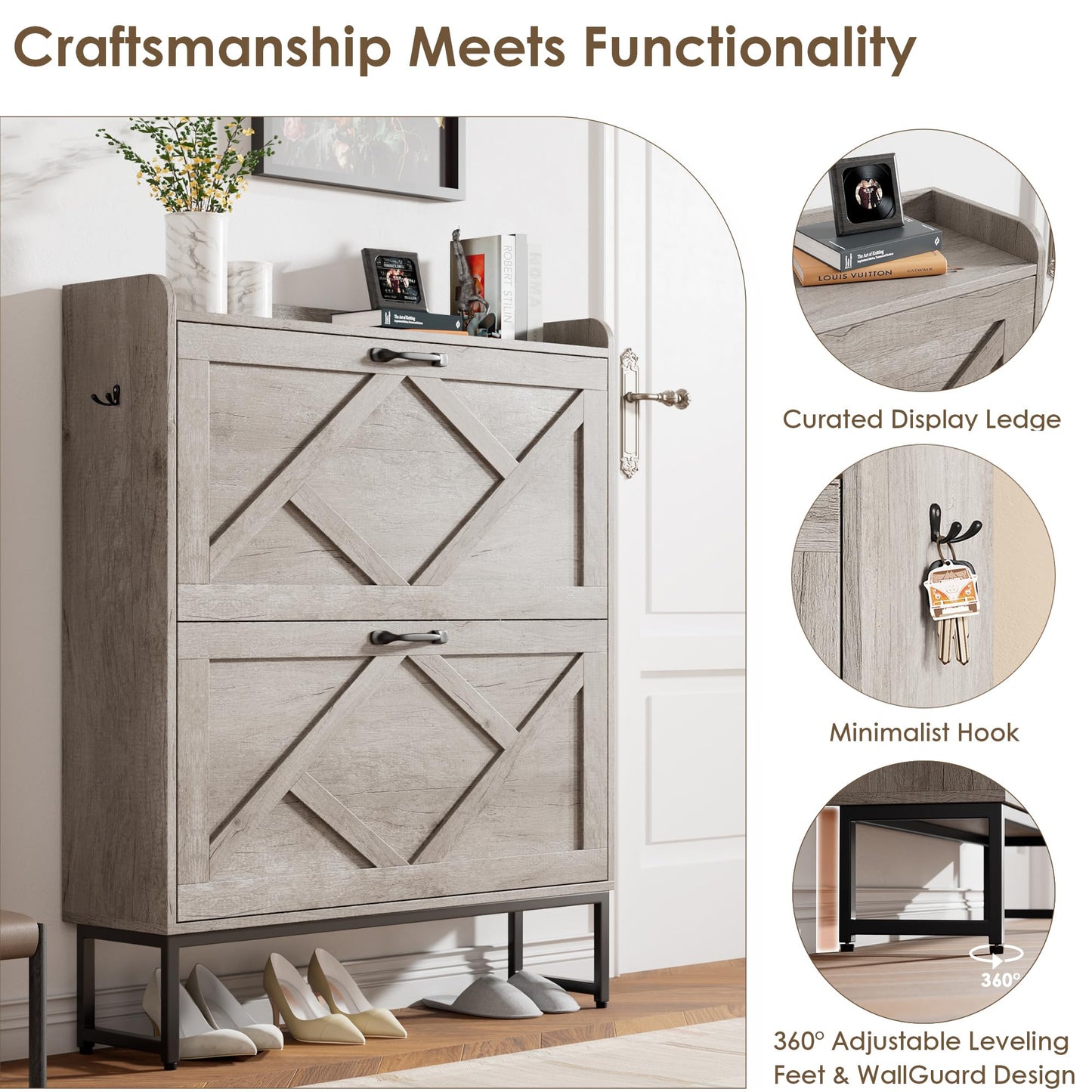 Nicetree Shoe Storage Cabinet with 2 Flip Drawers, Entryway Organizer, Gray