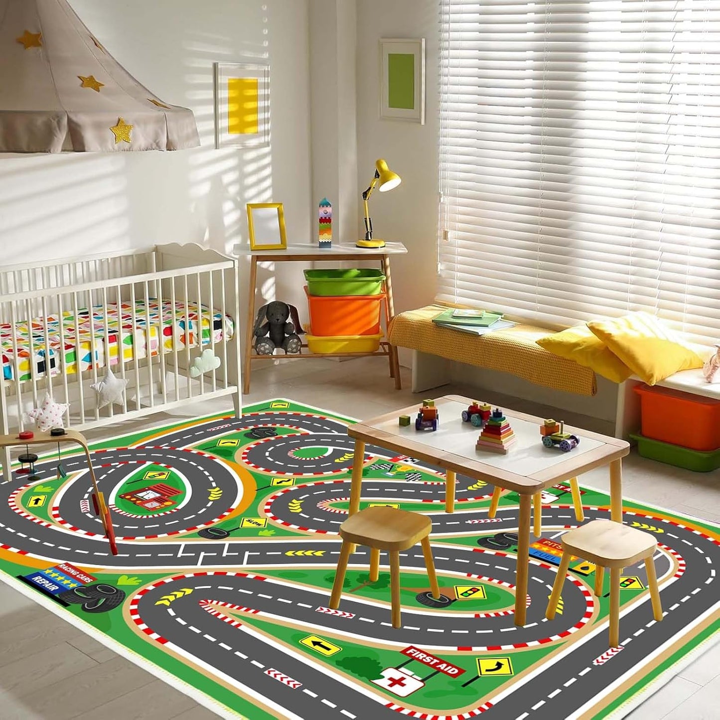 Kids Rug Race Track Play mat Playroom Rug Car Rugs for Kids Toy Cars Road Rugs for Kid Classroom