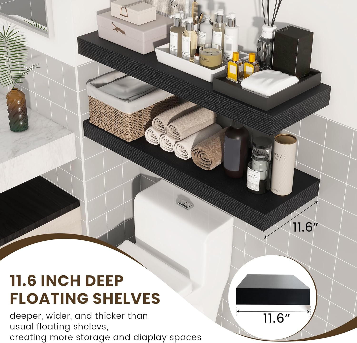 Deep Floating Shelves for Wall, 12'' Deep Large Floating Shelves Set of 2, 36 Inch Distressed Black